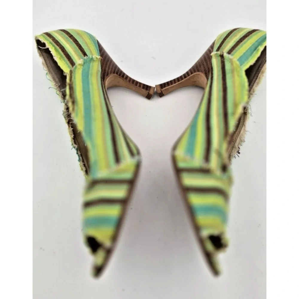 Ginger Goff Peep Toe Heels 7 Women's‎ Green Striped Frayed Wooden 3